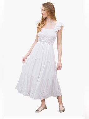 Blu Pepper White Eyelet Flutter-Sleeve Midi Dress